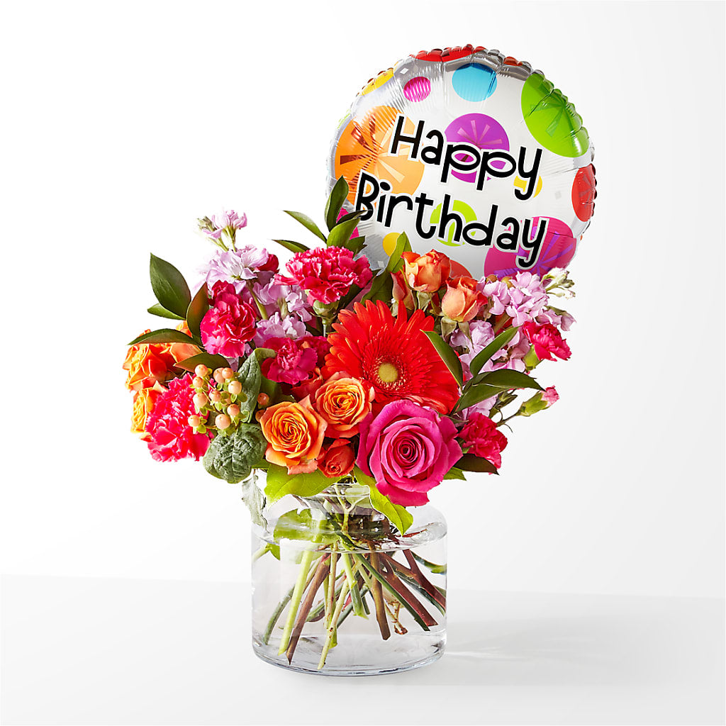 Fiesta Bouquet with Birthday Balloon – ROBIN'S CORNER FLOWER SHOP, Taunton MA