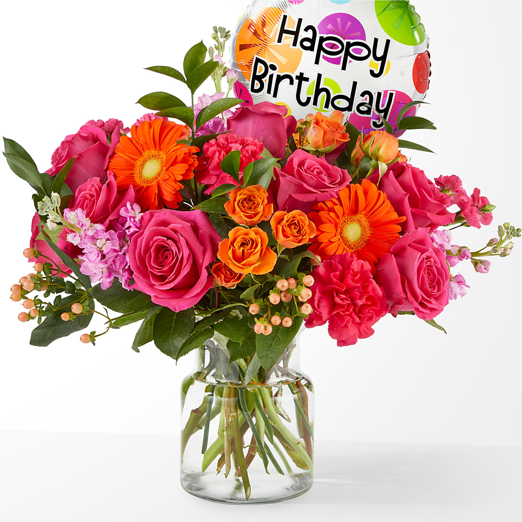 Fiesta Bouquet with Birthday Balloon – ROBIN'S CORNER FLOWER SHOP, Taunton MA