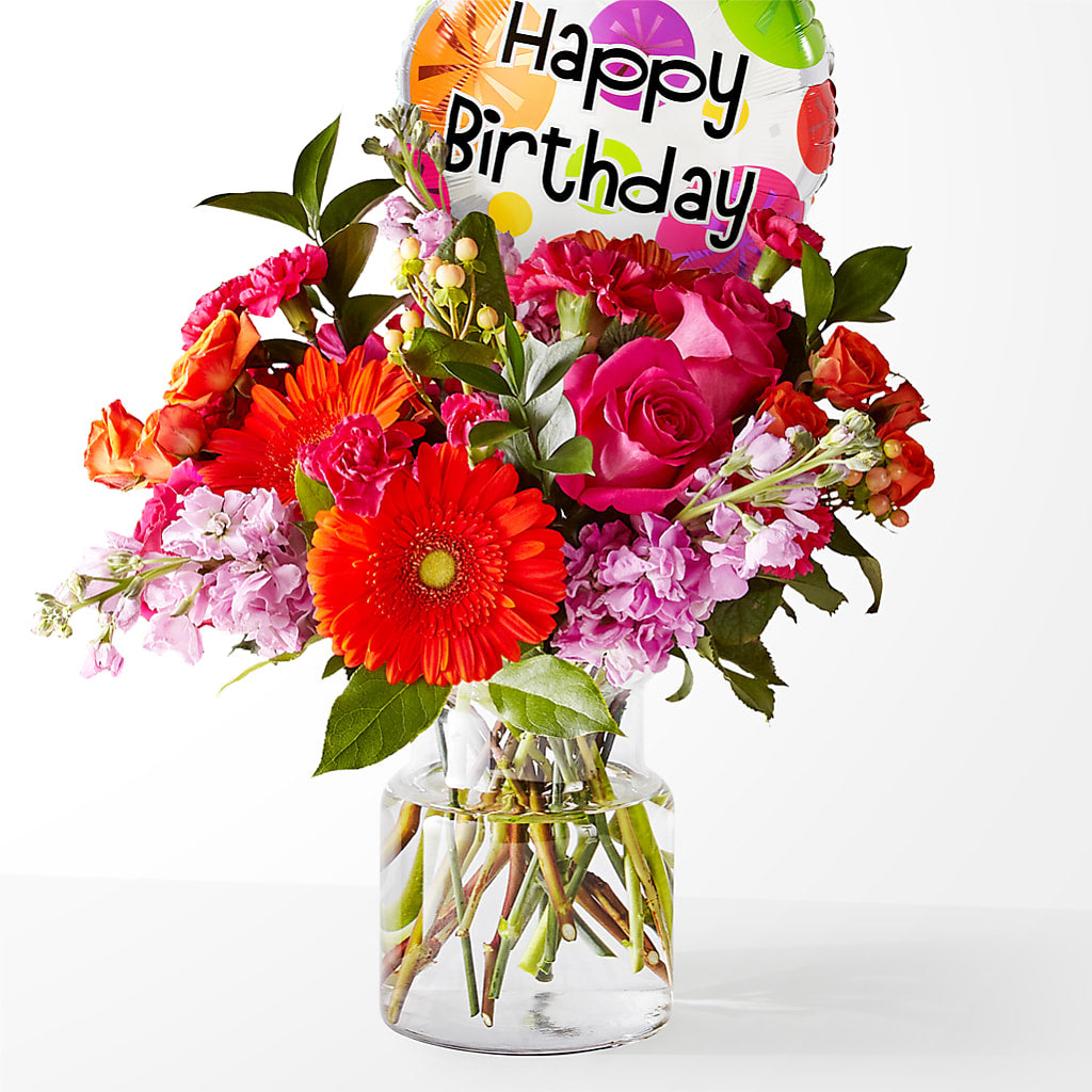Fiesta Bouquet with Birthday Balloon – ROBIN'S CORNER FLOWER SHOP, Taunton MA