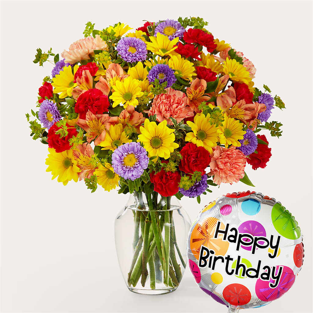 Kaleidoscope Bouquet with Birthday Balloon – ROBIN'S CORNER FLOWER SHOP, Taunton MA
