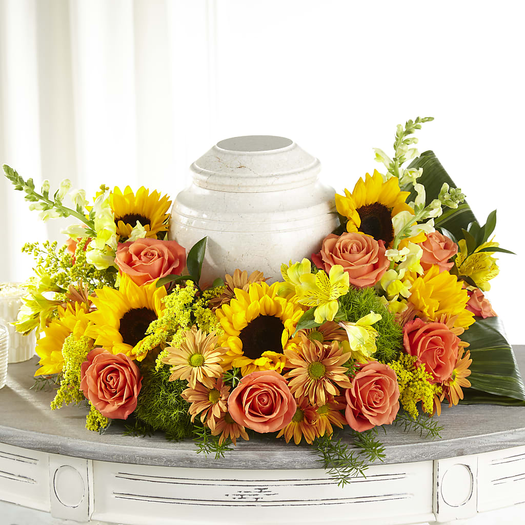 Faithful Sunflower Cremation Adornment – ROBIN'S CORNER FLOWER SHOP, Taunton MA