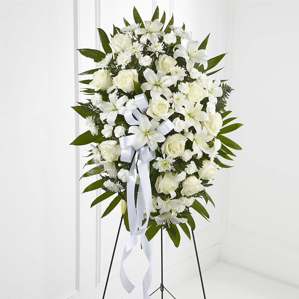 Exquisite Tribute Standing Spray-White Ribbon – ROBIN'S CORNER FLOWER SHOP, Taunton MA